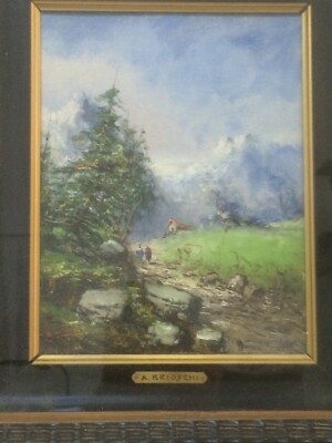 Athos Brioschi, Paesaggio Alpino Con Figure, Olio Su Cartone In Cornice Ebanizzata