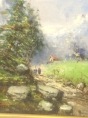 Athos Brioschi, Paesaggio Alpino Con Figure, Olio Su Cartone In Cornice Ebanizzata