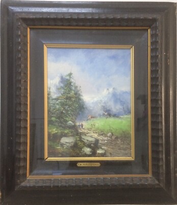 Athos Brioschi, Paesaggio Alpino Con Figure, Olio Su Cartone In Cornice Ebanizzata