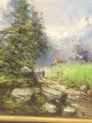 Athos Brioschi, Paesaggio Alpino Con Figure, Olio Su Cartone In Cornice Ebanizzata
