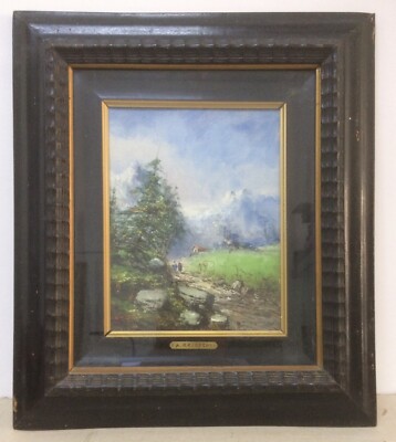 Athos Brioschi, Paesaggio Alpino Con Figure, Olio Su Cartone In Cornice Ebanizzata