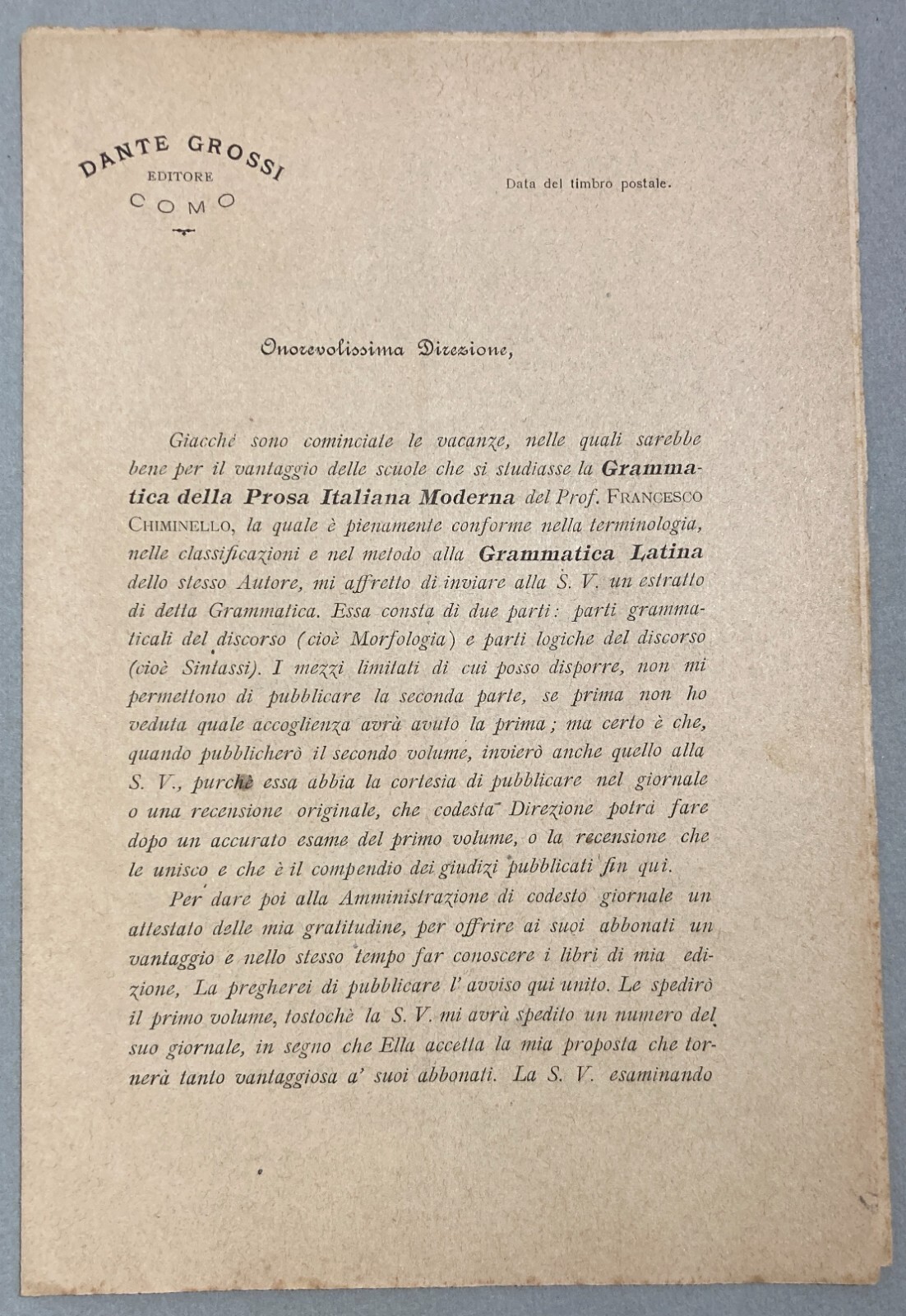 Como   Propaganda Editoriale   Editore Dante Grossi   Grammatica Italiana   Chiminello