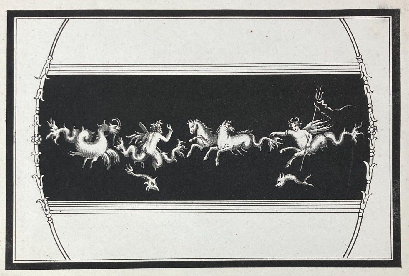 Arte Antica: Decorazione Pompeiana, Allegorie, Drago, Cavalli. Antica Litografia.