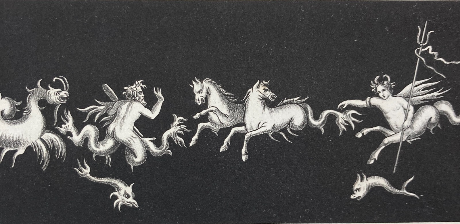 Arte Antica: Decorazione Pompeiana, Allegorie, Drago, Cavalli. Antica Litografia.