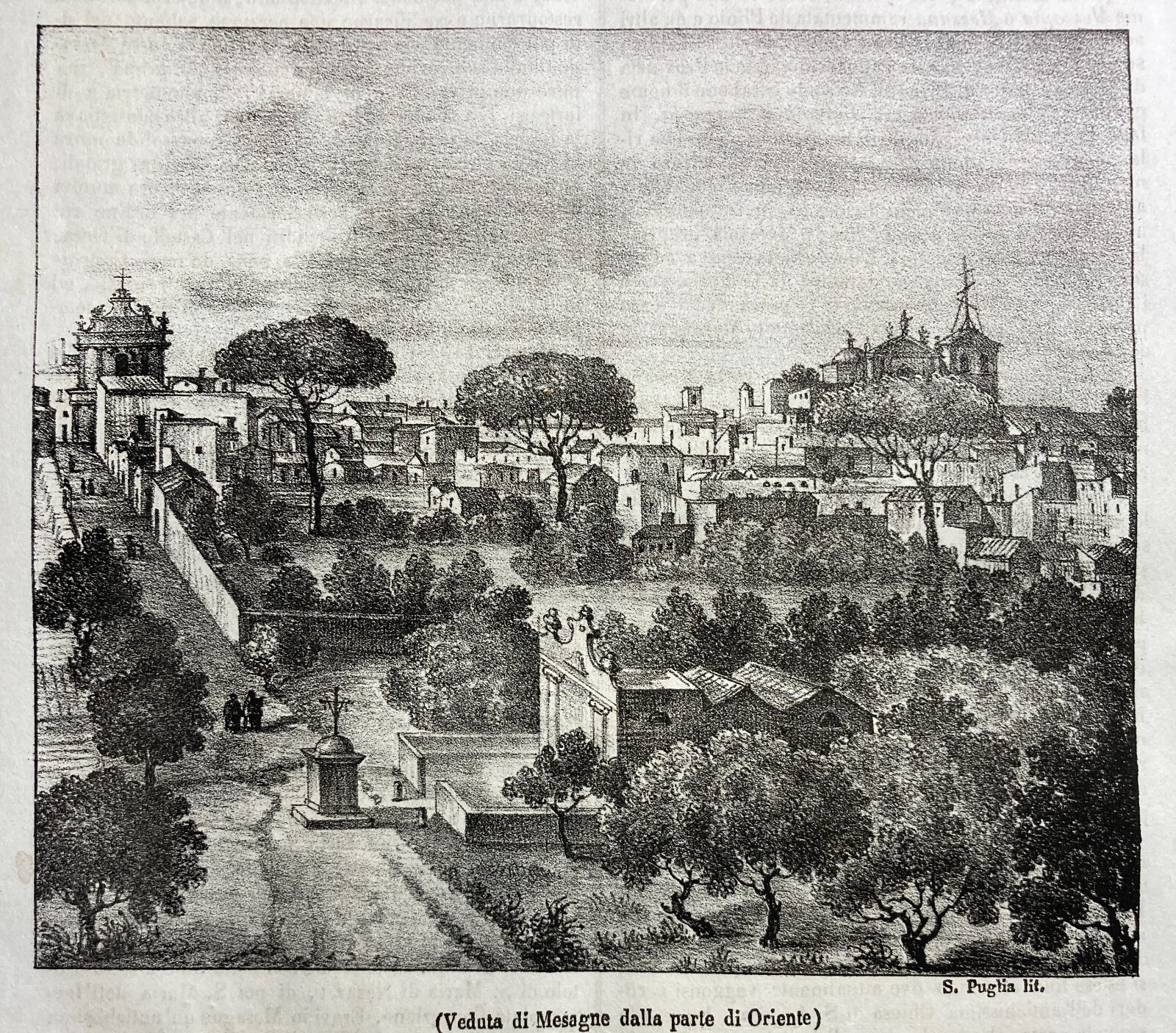 Puglia, Salento, Brindisi: Veduta Orientale Di Mesagne. Litografia Originale Dell'Ottocento