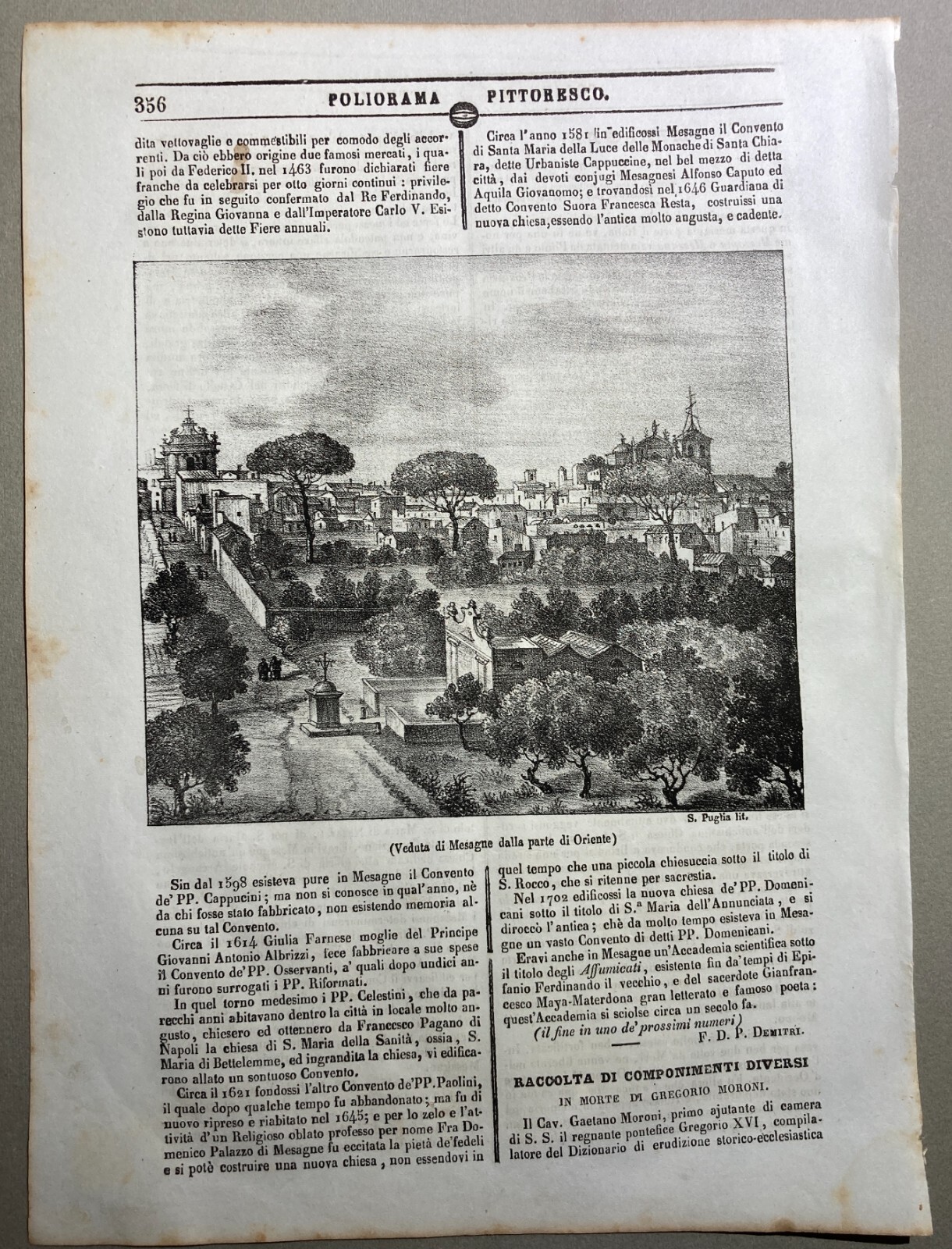 Puglia, Salento, Brindisi: Veduta Orientale Di Mesagne. Litografia Originale Dell'Ottocento