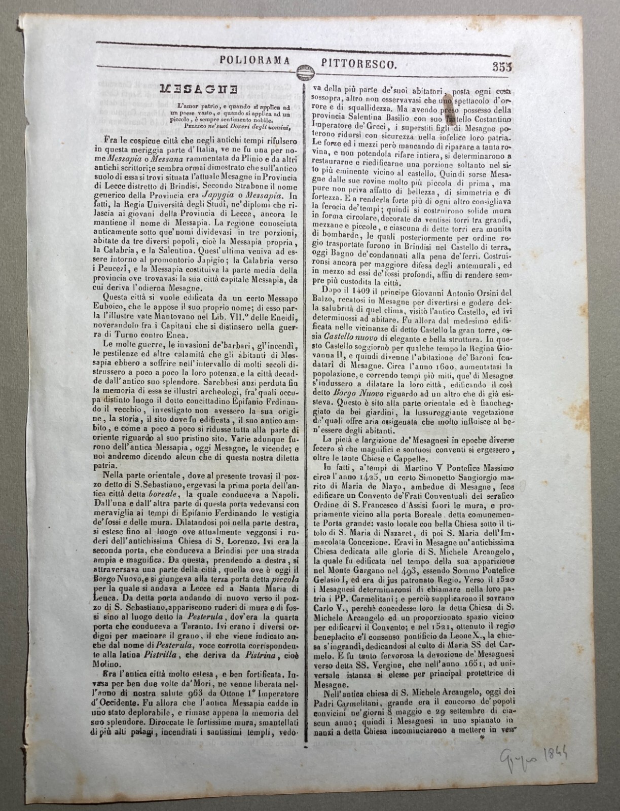 Puglia, Salento, Brindisi: Veduta Orientale Di Mesagne. Litografia Originale Dell'Ottocento