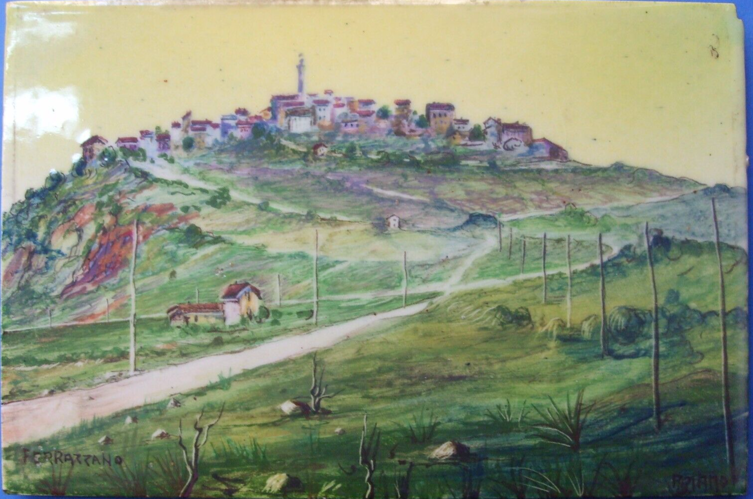 Veduta Di Paese (Ariano Irpino O Ferrazzano), Dipinto Su Ceramica, Epoca Fascista