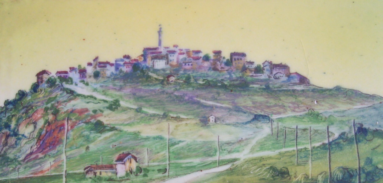 Veduta Di Paese (Ariano Irpino O Ferrazzano), Dipinto Su Ceramica, Epoca Fascista