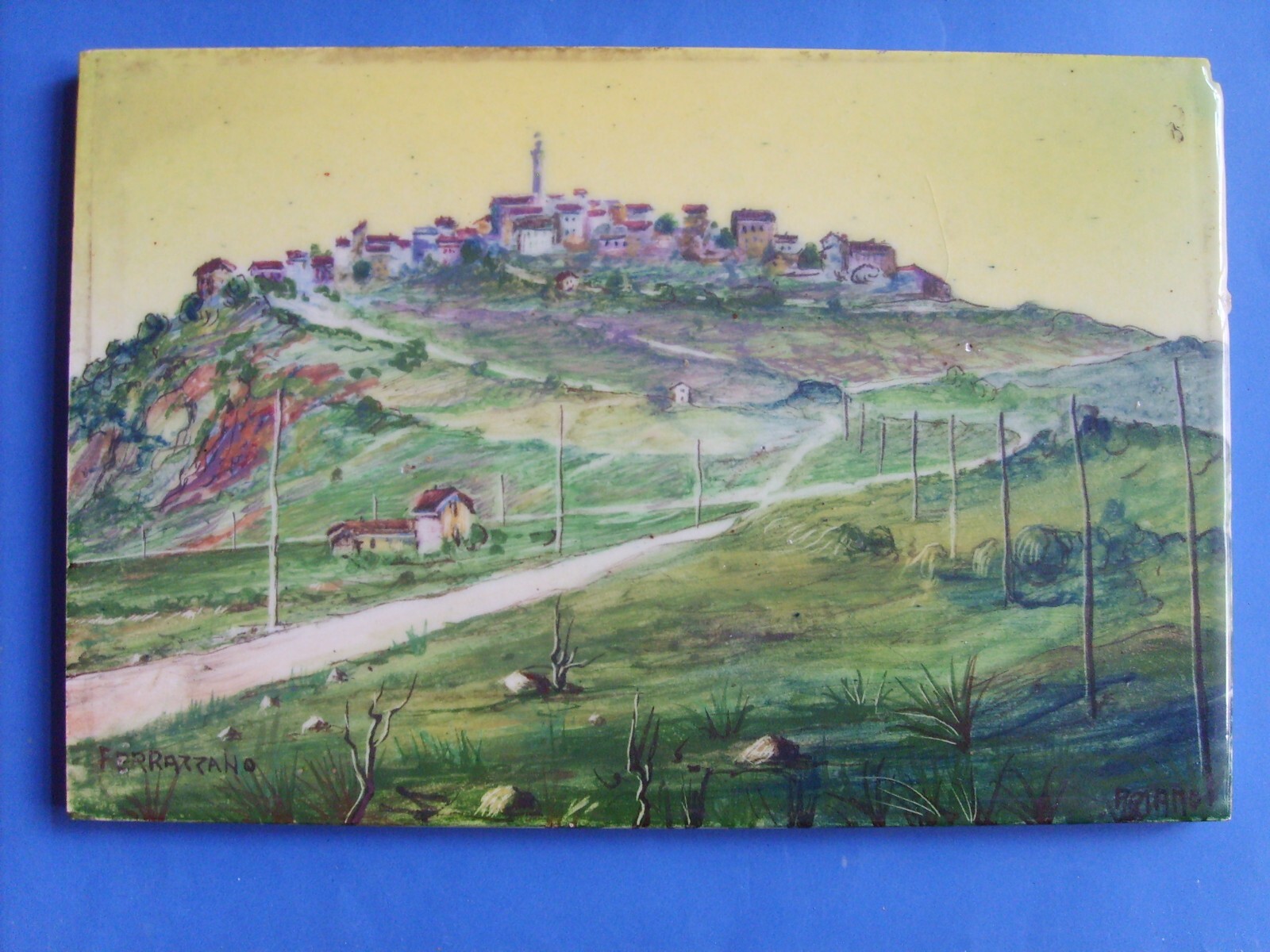 Veduta Di Paese (Ariano Irpino O Ferrazzano), Dipinto Su Ceramica, Epoca Fascista