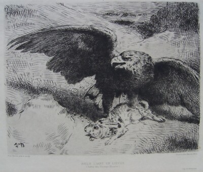 Arte: Artisti Dell'Ottocento. Antica Incisione Di Scena Di Caccia, Aquila E Lepre Di Léon Bonnat