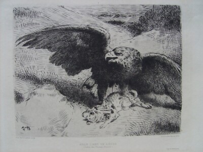 Arte: Artisti Dell'Ottocento. Antica Incisione Di Scena Di Caccia, Aquila E Lepre Di Léon Bonnat