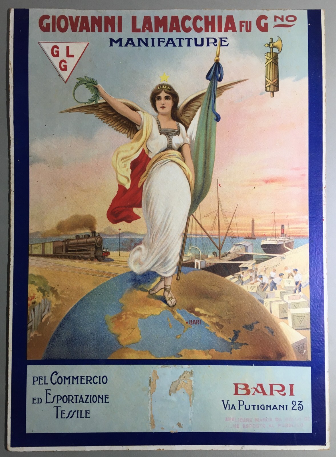 Giovanni Lamacchia Fu G. Manifatture Tessili Bari, Cartello Pubblicitario d'Epoca