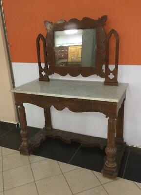 Antica Toilette Con Specchiera In Legno Intagliato E Piano In Marmo