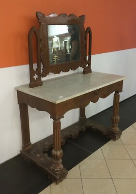Antica Toilette Con Specchiera In Legno Intagliato E Piano In Marmo