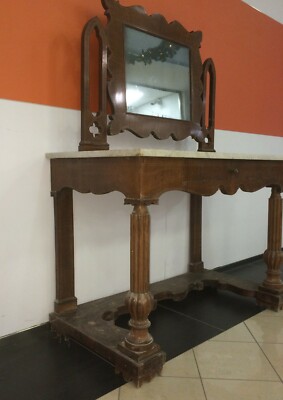 Antica Toilette Con Specchiera In Legno Intagliato E Piano In Marmo