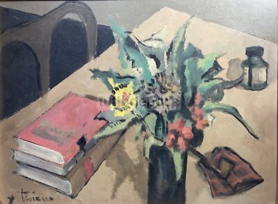 Arte Del '900: Natura Morta Con Vaso Di Fiori, Libri E Calamaio, Artista Troiano