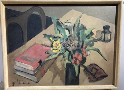 Arte Del '900: Natura Morta Con Vaso Di Fiori, Libri E Calamaio, Artista Troiano