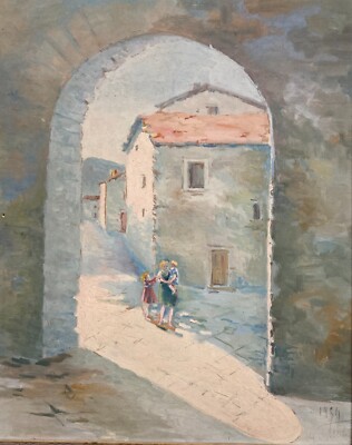 Arte: Suggestiva Veduta Di Paese Con Figure. Dipinto Contemporaneo, 1954. Firmato.