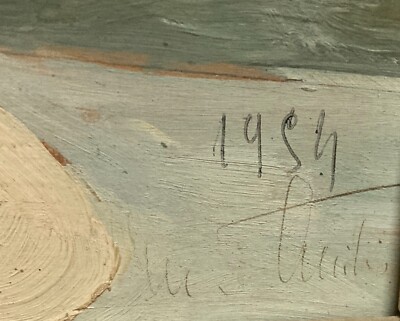 Arte: Suggestiva Veduta Di Paese Con Figure. Dipinto Contemporaneo, 1954. Firmato.