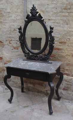 Antica Consolle Toilette In Noce E Marmo, Stile Luigi Filippo