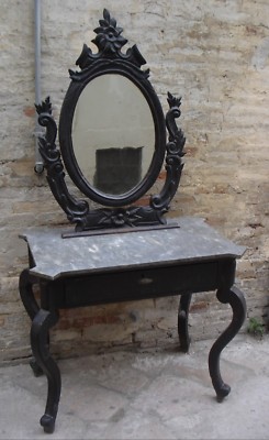 Antica Consolle Toilette In Noce E Marmo, Stile Luigi Filippo