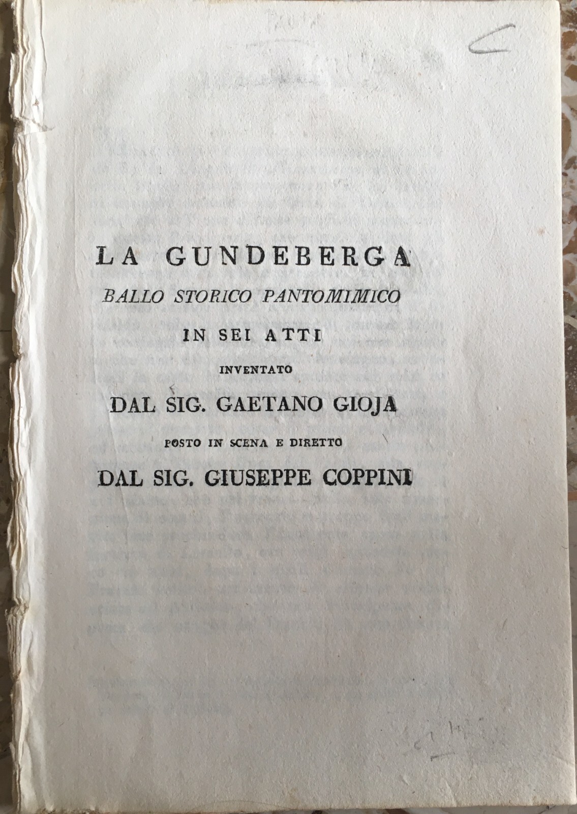 Teatro Ballo Pantomimico: Gundeberga Gioja, Coppini Longobardi Pavia, Senigallia