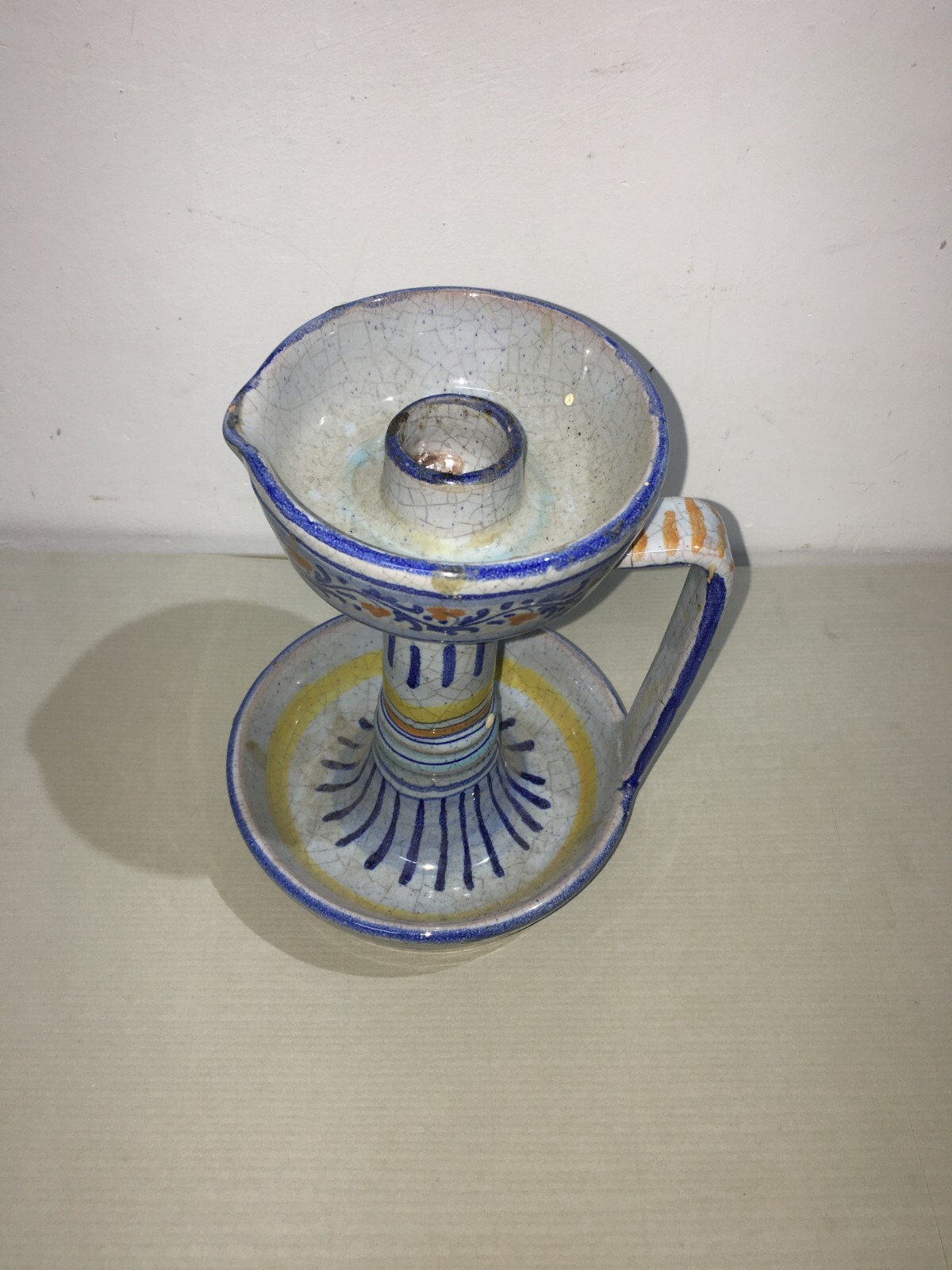Marche, Urbino: Soprammobile Decorativo, Bugia Porta Candela In Ceramica Policroma