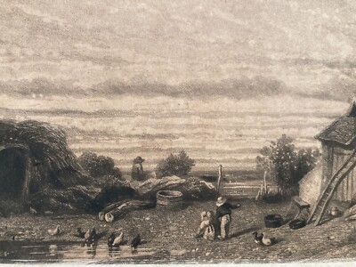 Incisione Antica Della Normandia Di Jules Dupré   Veduta Di Fattoria, XIX Secolo