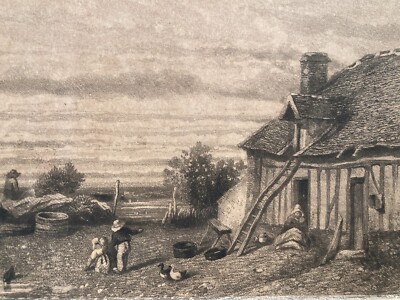 Incisione Antica Della Normandia Di Jules Dupré   Veduta Di Fattoria, XIX Secolo