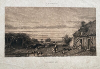 Incisione Antica Della Normandia Di Jules Dupré   Veduta Di Fattoria, XIX Secolo