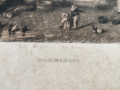 Incisione Antica Della Normandia Di Jules Dupré   Veduta Di Fattoria, XIX Secolo