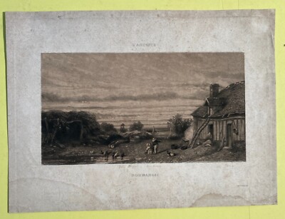Incisione Antica Della Normandia Di Jules Dupré   Veduta Di Fattoria, XIX Secolo