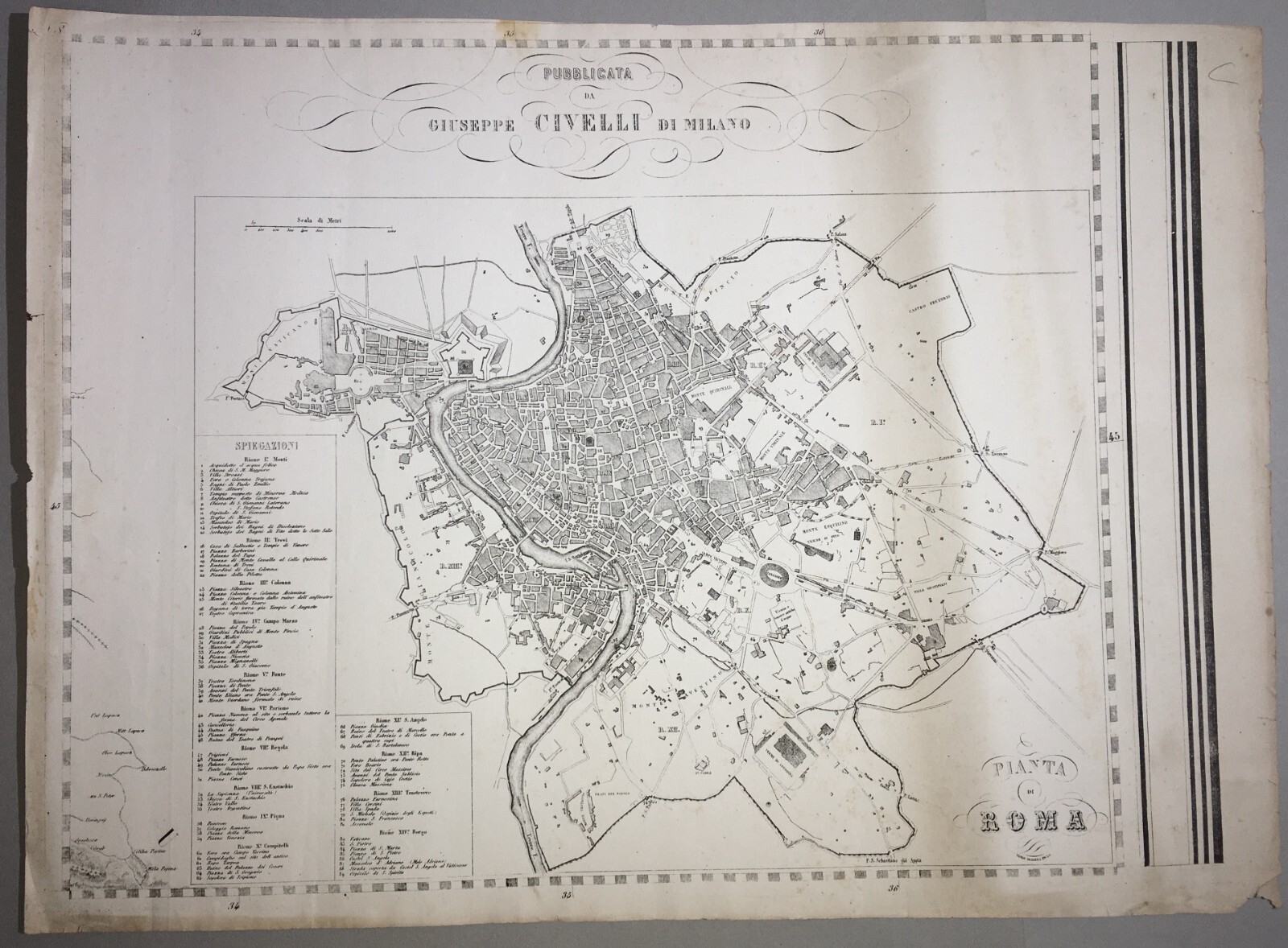Antica Cartografia: Pianta Di Roma. Incisione Di Giuseppe Civelli E Paolo Bezzera