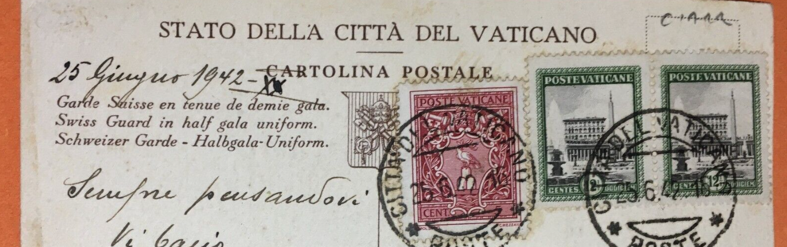 Vaticano, Guardia Svizzera. Cartolina A Colori, Viaggiata Per Posta Con Affrancatura Del 1942