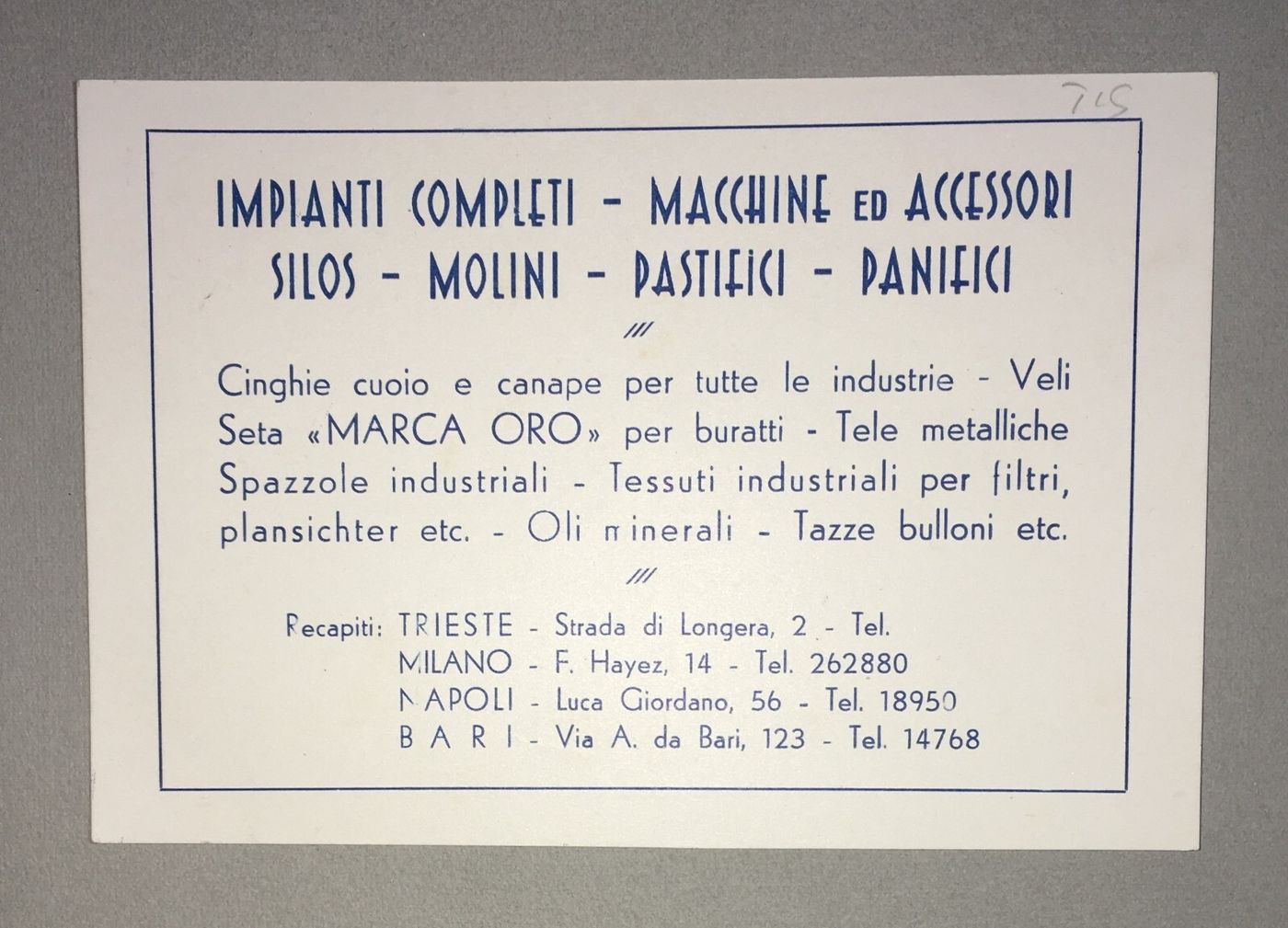 Puglia, Bari: Attrezzatura Per Molini E Pastifici, Ditta Brandi   Pubblicitaria