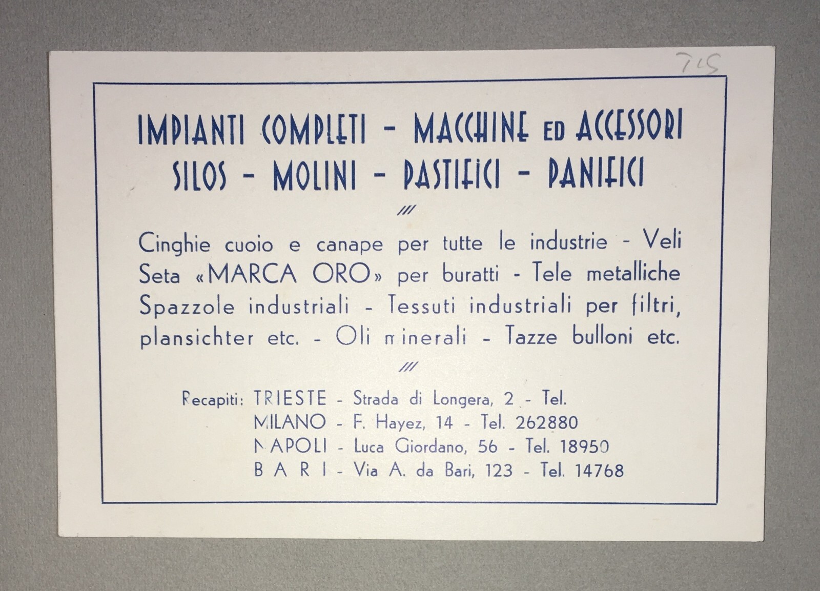 Puglia, Bari: Attrezzatura Per Molini E Pastifici, Ditta Brandi   Pubblicitaria