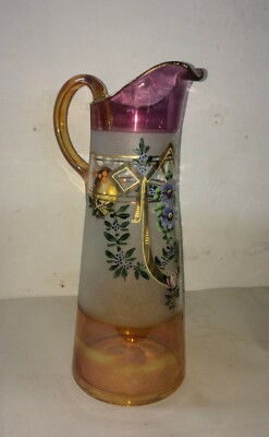 Caraffa Liberty In Vetro Soffiato Con Decori Floreali E Dorature