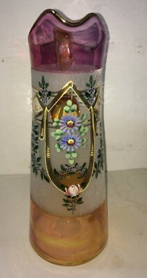 Caraffa Liberty In Vetro Soffiato Con Decori Floreali E Dorature