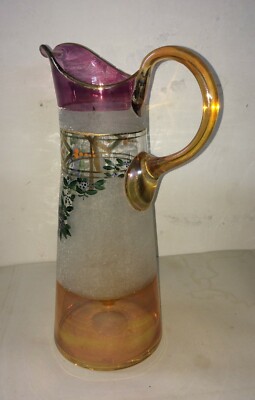Caraffa Liberty In Vetro Soffiato Con Decori Floreali E Dorature