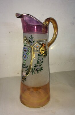 Caraffa Liberty In Vetro Soffiato Con Decori Floreali E Dorature