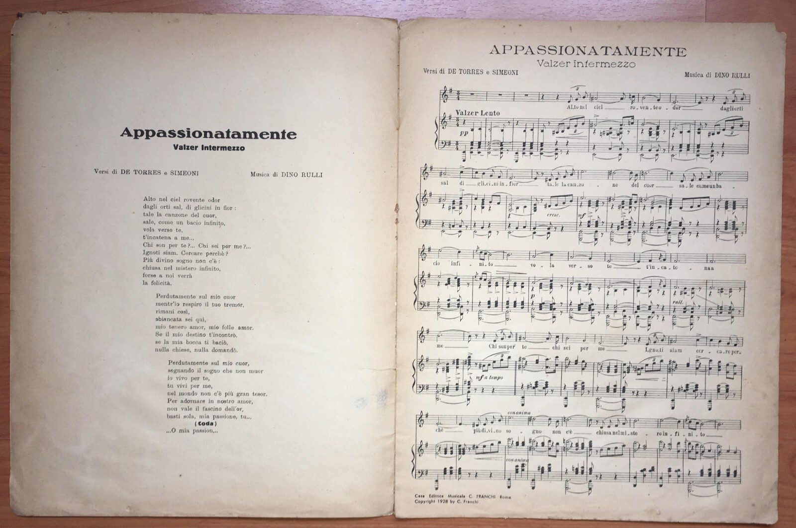 Appassionatamente Valzer Intermezzo   Spartito Musicale Illustrato   Dino Rulli, 1941