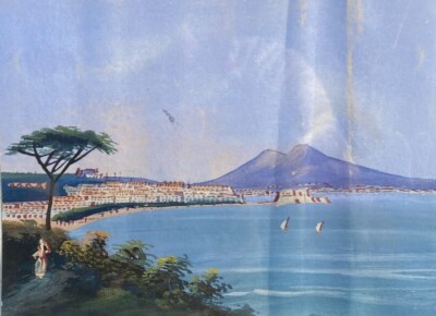 Arte Antica, Veduta Napoletana Del Golfo Di Napoli Con Vesuvio, Opera Originale A Tempera