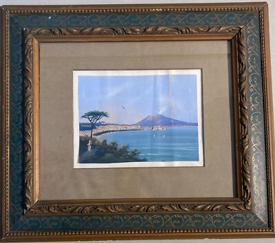 Arte Antica, Veduta Napoletana Del Golfo Di Napoli Con Vesuvio, Opera Originale A Tempera