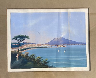 Arte Antica, Veduta Napoletana Del Golfo Di Napoli Con Vesuvio, Opera Originale A Tempera