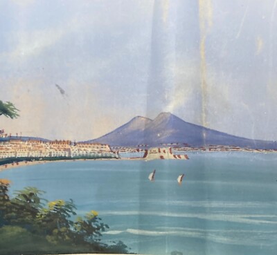 Arte Antica, Veduta Napoletana Del Golfo Di Napoli Con Vesuvio, Opera Originale A Tempera