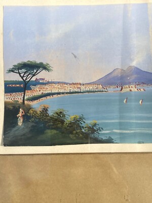 Arte Antica, Veduta Napoletana Del Golfo Di Napoli Con Vesuvio, Opera Originale A Tempera