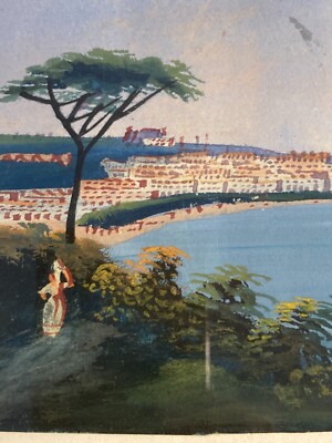 Arte Antica, Veduta Napoletana Del Golfo Di Napoli Con Vesuvio, Opera Originale A Tempera