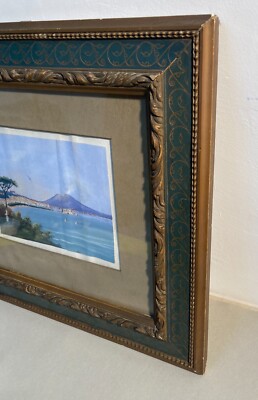 Arte Antica, Veduta Napoletana Del Golfo Di Napoli Con Vesuvio, Opera Originale A Tempera