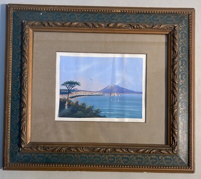 Arte Antica, Veduta Napoletana Del Golfo Di Napoli Con Vesuvio, Opera Originale A Tempera